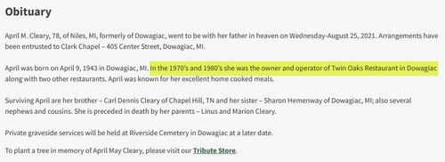 Twin Oaks Drive-In - Aug 2021^April May Cleary Obituary